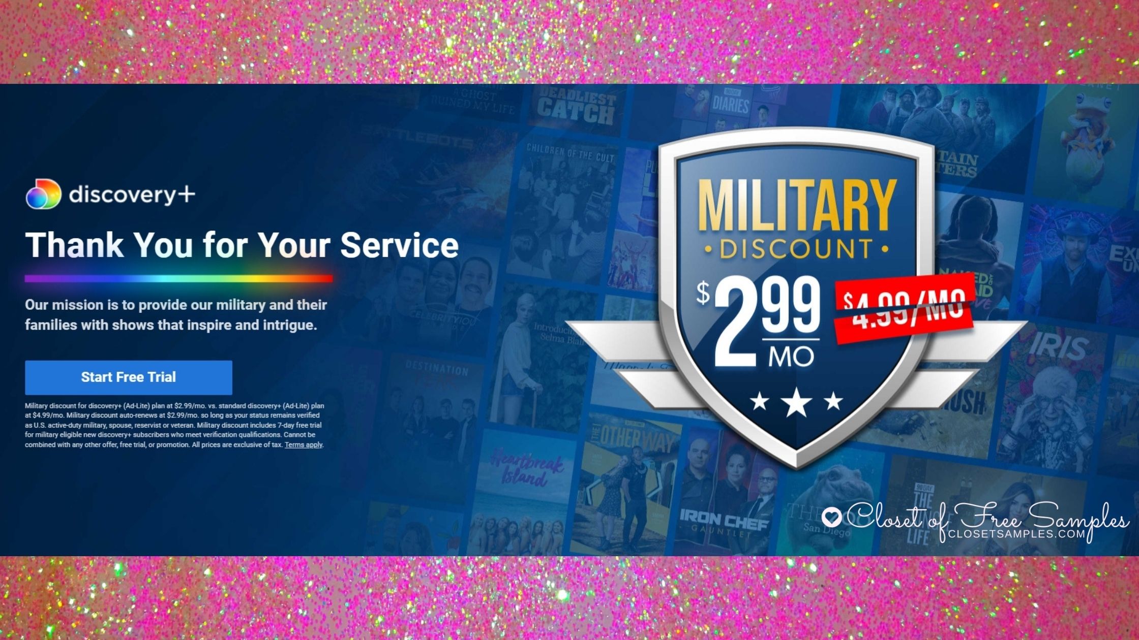 Military Veterans 40 off Discovery Stream 2.99 month closetsamples