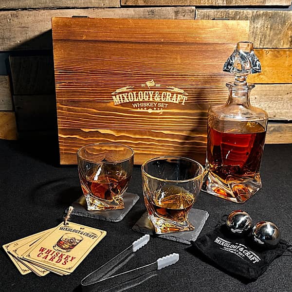 Mixology Glass Whiskey Stones Set In Wood Crafted Box closetsamples