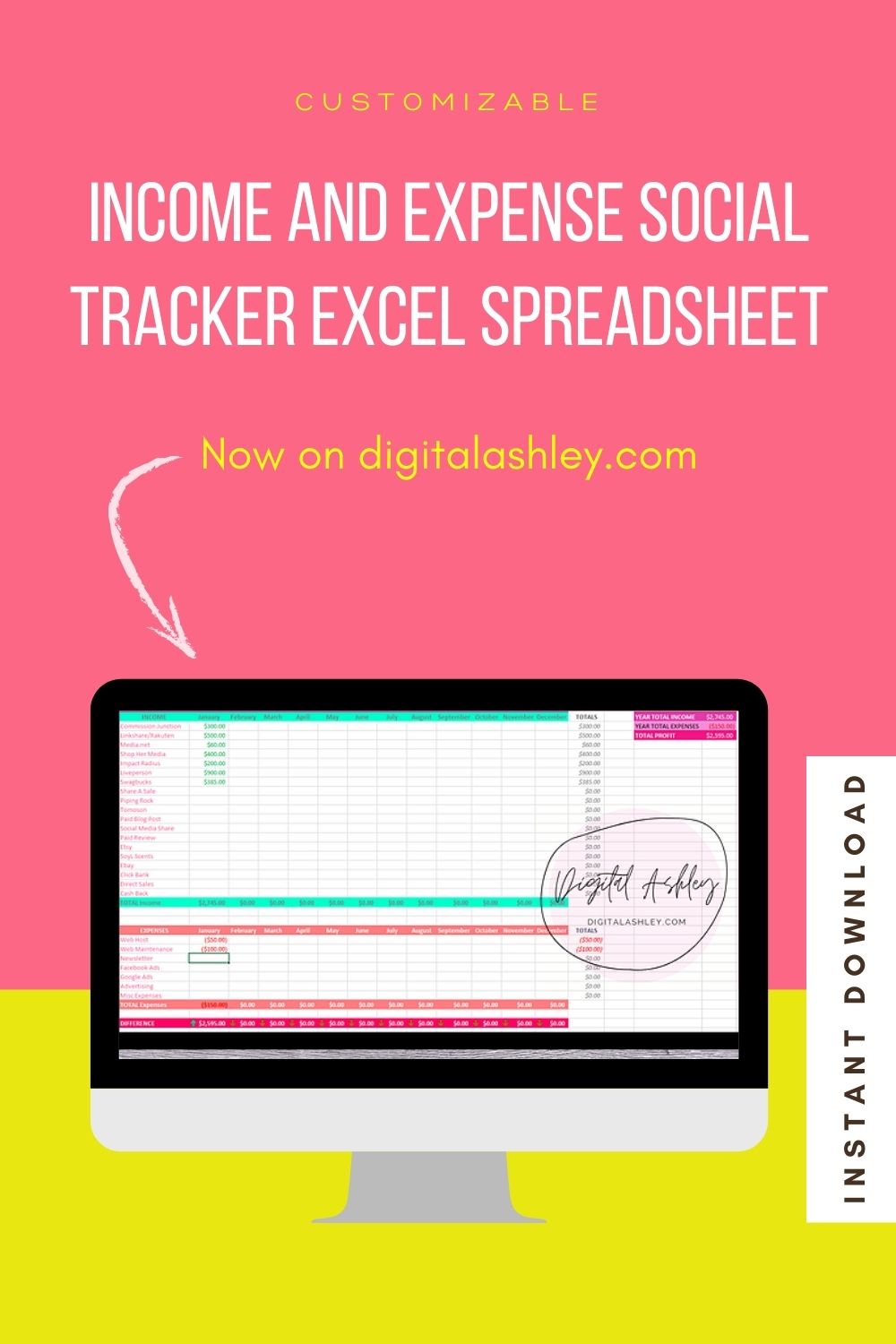 INSTANT DOWNLOAD Customizable Blog Business Income and Expense Social Tracker Excel Spreadsheet digitalashley closetsamples Pinterest